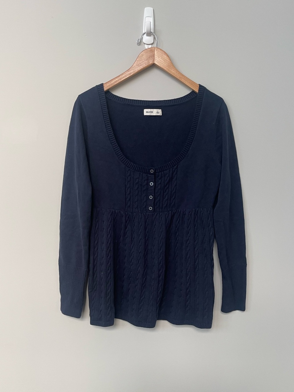 Hollister | Navy Blue Cable Knit Long Sleeve Babydoll Sweater Top